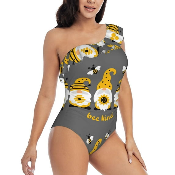 Picia Bee Kind Pattern Women's One Piece Swimsuits,One Shoulder Swimwear Asymmetric ,Ruffle Monokinis Bathing Suits,High Waisted Flattering Bathing Suits-Large