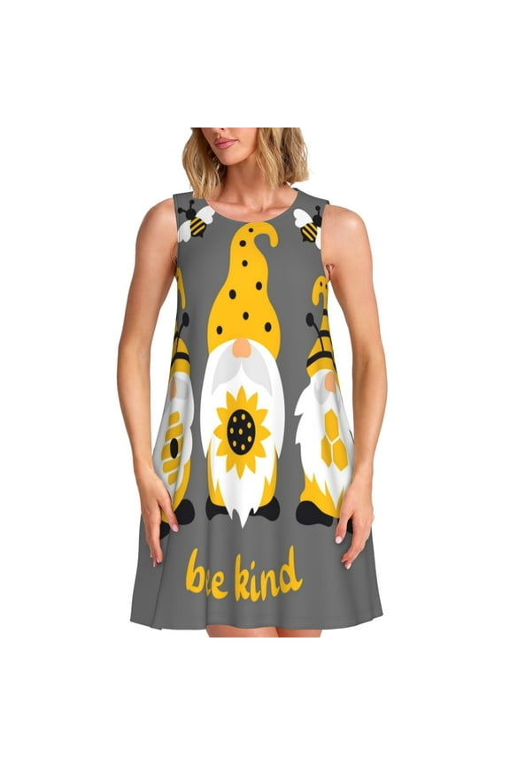 Bee Kind Print Women’s Sleeveless Midi Swing Dress – A-Line Pleated Tank Sundress, Comfortable and Flowy T-Shirt Dress