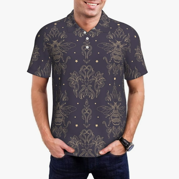 Picia Bee Print Men's Polo Shirt, Two-Button Closure Pique Polo Shirt, Summer Fashion Golf Shirt-XX-Large