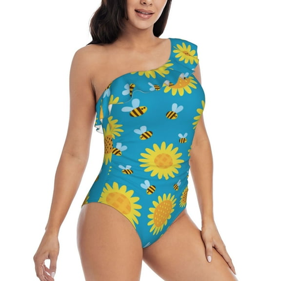 Picia Bee Sunflower Pattern Women's One Piece Swimsuits,One Shoulder Swimwear Asymmetric ,Ruffle Monokinis Bathing Suits,High Waisted Flattering Bathing Suits-Medium