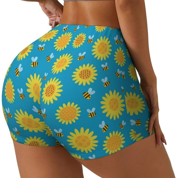 Picia Bee Sunflower Printed Workout Shorts for Women Seamless Scrunch Butt Lifting High Waisted Yoga Gym Booty Running Moisture-wicking Short Pants-
