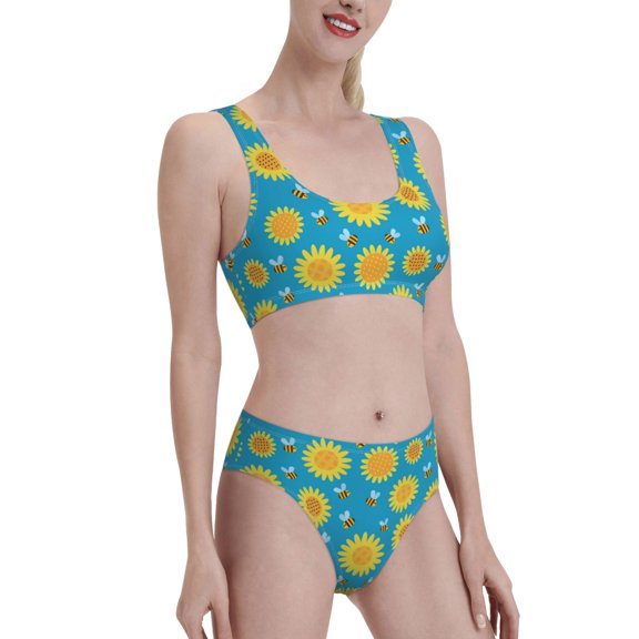 Picia Bee Sunflower Women's High Waisted Bikini Scoop Neck Swimsuit Two Pieces Bathing Suit-Medium