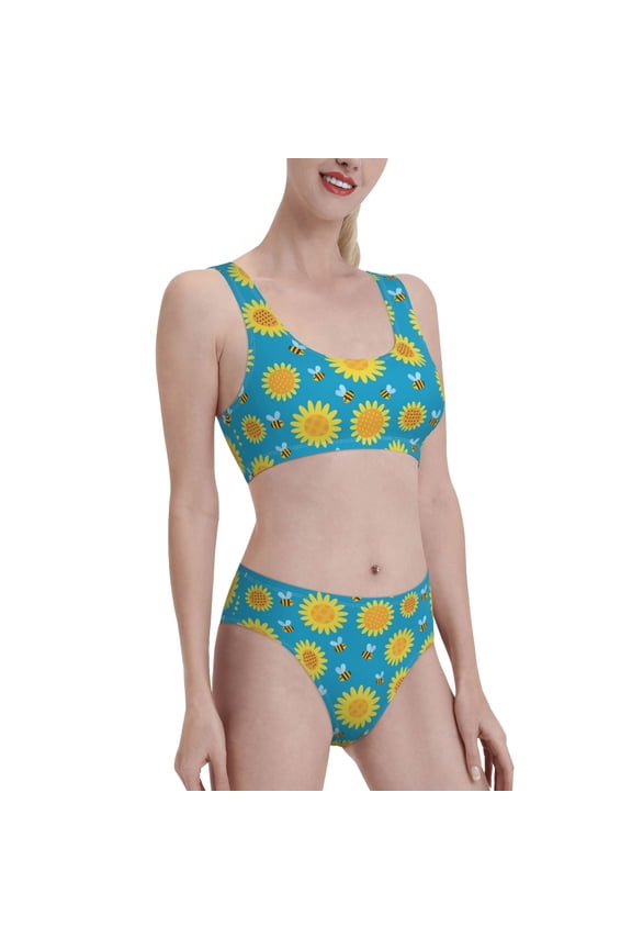 Bee Sunflower Women's High Waisted Bikini Scoop Neck Swimsuit Two Pieces Bathing Suit-Medium