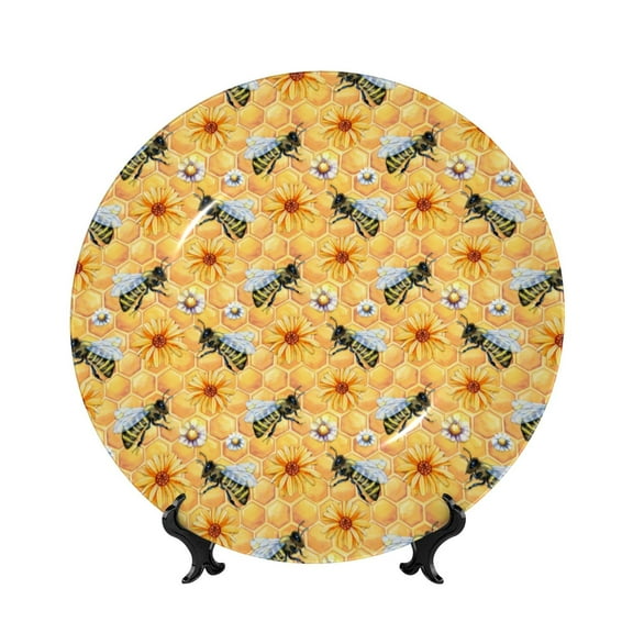 Picia Bee Wasp Pattern Bone China Decorative Plate – Wall Decor with Stand and Adhesive, Elegant Ornament for Living Room, Office, or Entryway-7in