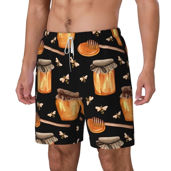 Picia Bee and Honey pattern Mens Swim Trunks with Compression Liner Stretch Beach Shorts Quick Dry with Zipper Pockets No-Chafing Board Shorts-Large