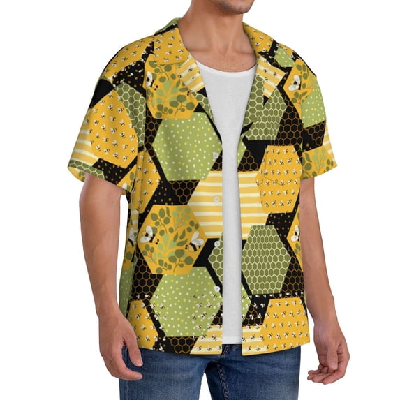 Picia Bee honey Men's Linen Shirts Short Sleeve Cuban Beach Shirts Casual Shirts Button Down Shirt for Men Beach Summer Wedding Shirt-X-Large