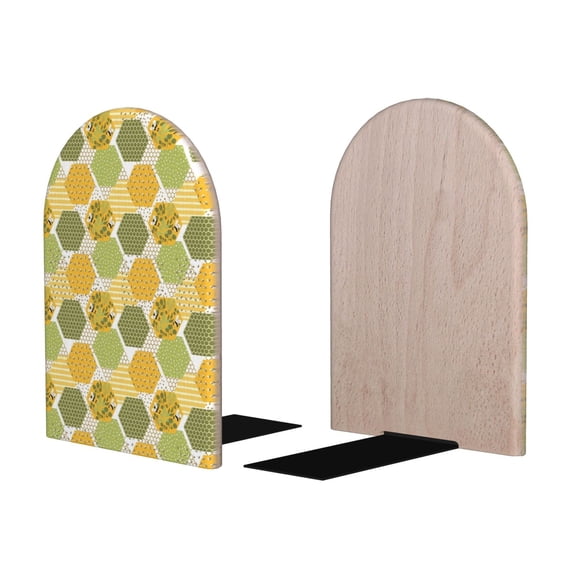 Picia Bee honey Pattern Wood Bookends for Shelves,Non-slip Bookends, Heavy Duty Wooden Bookend Support,1 Pair