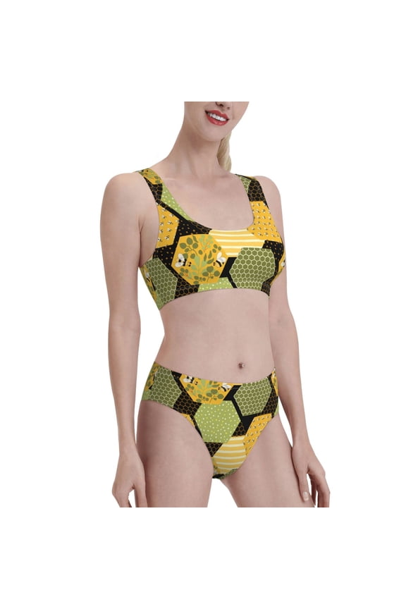 Bee honey Women's High Waisted Bikini Scoop Neck Swimsuit Two Pieces Bathing Suit-Medium