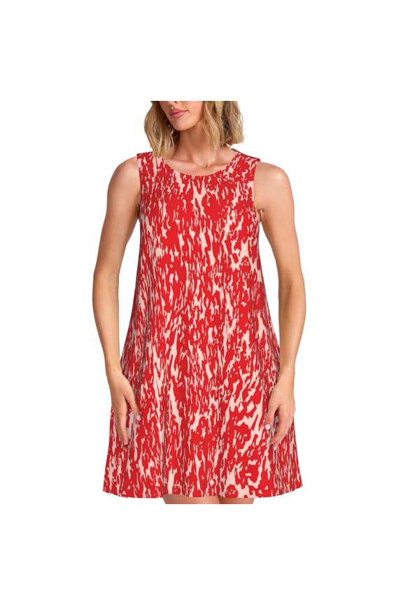 Beef Print Women’s Sleeveless Midi Swing Dress – A-Line Pleated Tank Sundress, Comfortable and Flowy T-Shirt Dress