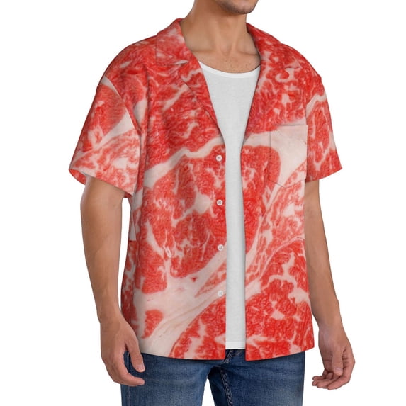 Picia Beef Steaks Men's Linen Shirts Short Sleeve Cuban Beach Shirts Casual Shirts Button Down Shirt for Men Beach Summer Wedding Shirt-Medium