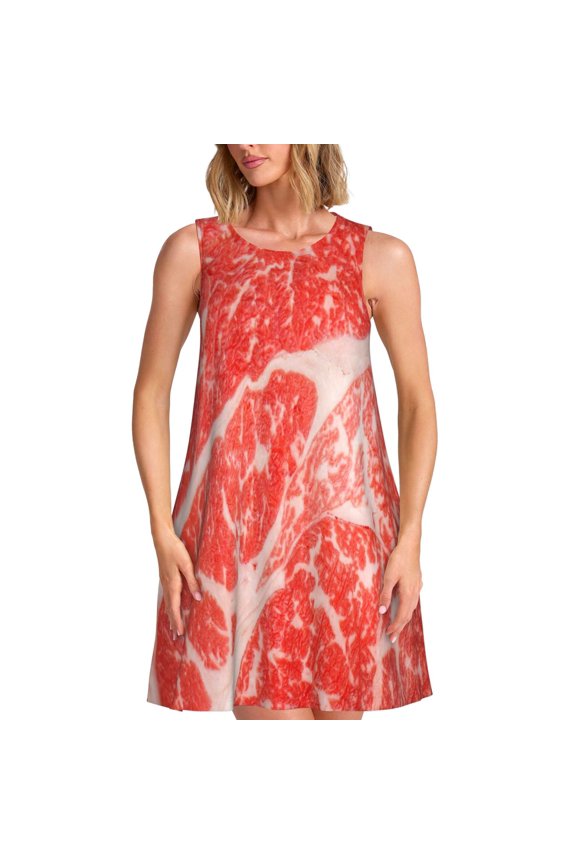 Beef Steaks Print Women’s Sleeveless Midi Swing Dress – A-Line Pleated Tank Sundress, Comfortable and Flowy T-Shirt Dress