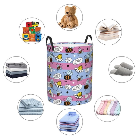Picia Bees And Daisies Striped Large Laundry Basket, Waterproof, Freestanding Laundry Hamper, Collapsible Tall Clothes Hamper with Extended Handles-Small