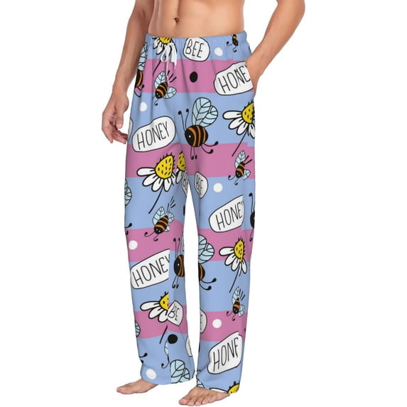 Picia Bees And Daisies Striped Mens Soft Woven Cotton Elastic Waistband Sleep Pajama Pant Lounge Sleep Pant With Pockets And Drawstring-X-Large
