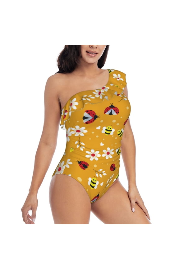 Bees And Ladybug Pattern Women's One Piece Swimsuits,One Shoulder Swimwear Asymmetric ,Ruffle Monokinis Bathing Suits,High Waisted Flattering Bathing Suits-Small