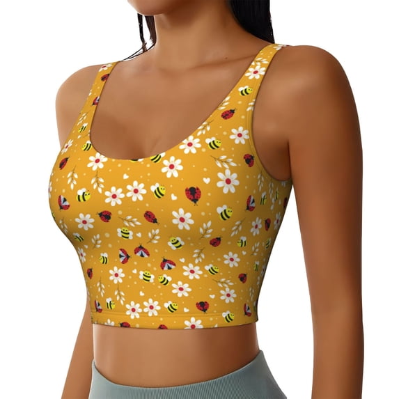 Picia Bees And Ladybug Sports Bra for Women,Padded Strappy Sports Bras Medium Support Yoga Bra with Removable Cups,Running Yoga Bra-Large