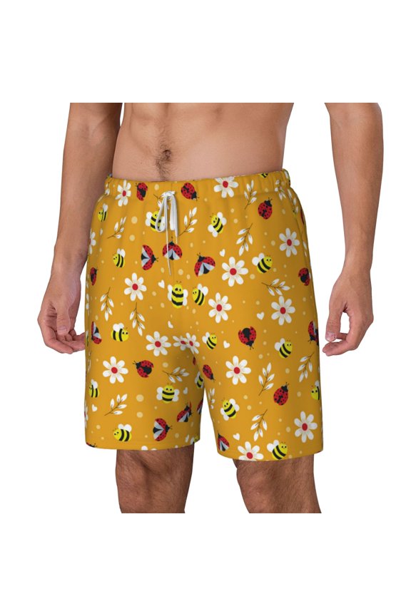 Bees And Ladybug pattern Mens Swim Trunks with Compression Liner Stretch Beach Shorts Quick Dry with Zipper Pockets No-Chafing Board Shorts-Small