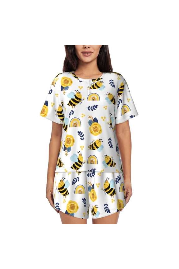 Bees And Rainbows Pajamas Sets for Women Soft Short-Sleeved Pjs with Lounge Shorts Two Piece Sleepwear-3X-Large