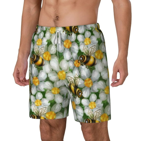 Picia Bees and Flower pattern Mens Swim Trunks with Compression Liner Stretch Beach Shorts Quick Dry with Zipper Pockets No-Chafing Board Shorts-Large