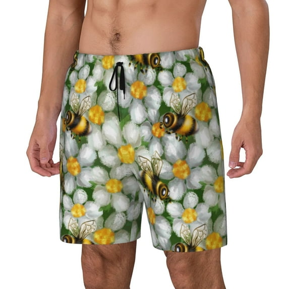 Picia Bees and Flower pattern Mens Swim Trunks with Compression Liner Stretch Beach Shorts Quick Dry with Zipper Pockets No-Chafing Board Shorts-XX-Large