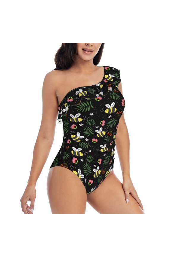 Bees Pattern Women's One Piece Swimsuits,One Shoulder Swimwear Asymmetric ,Ruffle Monokinis Bathing Suits,High Waisted Flattering Bathing Suits-