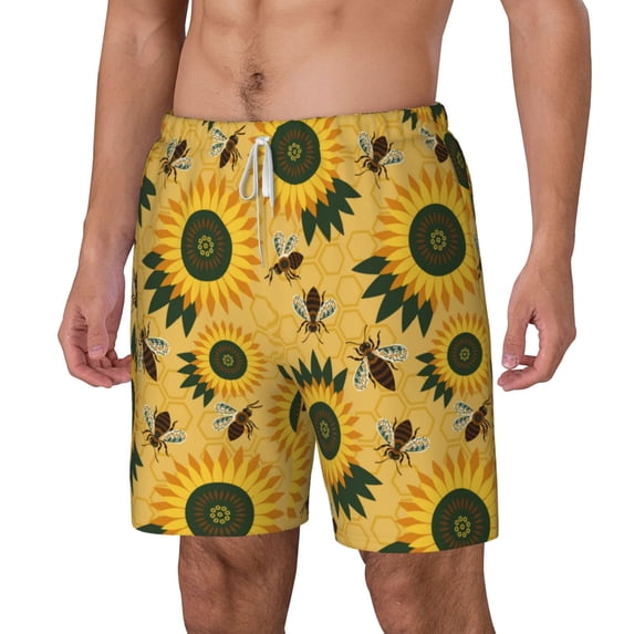 Picia Bees and Sunflowers pattern Mens Swim Trunks with Compression Liner Stretch Beach Shorts Quick Dry with Zipper Pockets No-Chafing Board Shorts-3X-Large