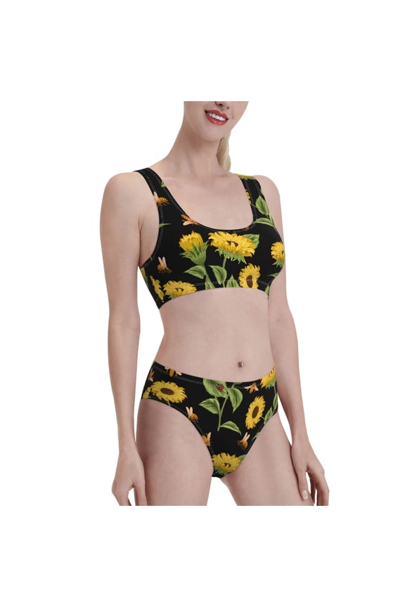 Bees and Sunflowers Women's High Waisted Bikini Scoop Neck Swimsuit Two Pieces Bathing Suit-
