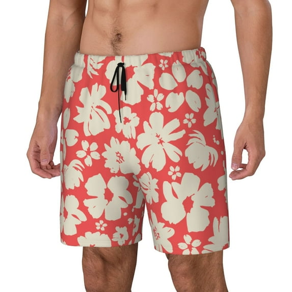 Picia Beige Flowers pattern Mens Swim Trunks with Compression Liner Stretch Beach Shorts Quick Dry with Zipper Pockets No-Chafing Board Shorts-Small