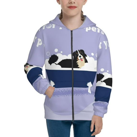 Picia Bernese Mountain Dog Sitting Bath Tub for Boys Fashion Full-zip Hoodies & Sweatshirts with Kangaroo Pocket,Zip-up Hooded Sweatshirt for Kid, Moisture Wicking & Breathable-Small