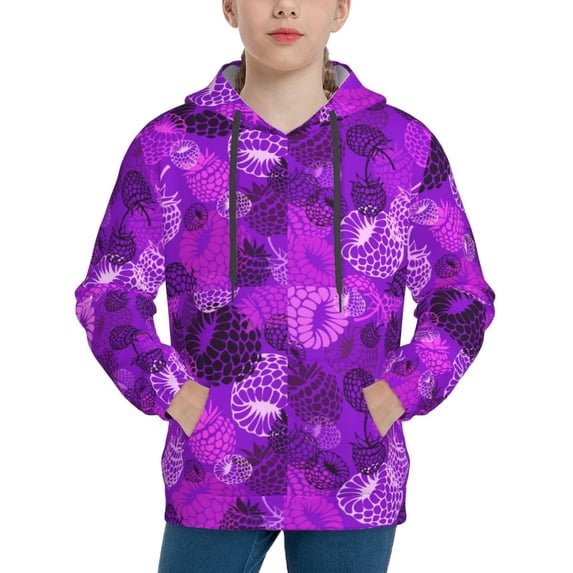 Picia Berry Raspberry Pattern Youth Hoodie - Warm Pullover Sweatshirt with Kangaroo Pocket, Ideal for Boys and Girls-Large