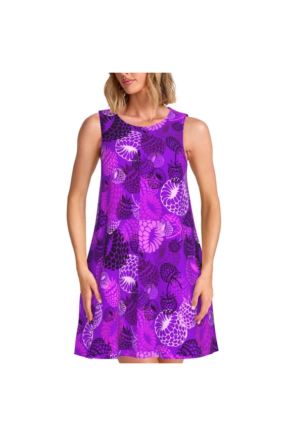 Berry Raspberry Print Women’s Sleeveless Midi Swing Dress – A-Line Pleated Tank Sundress, Comfortable and Flowy T-Shirt Dress