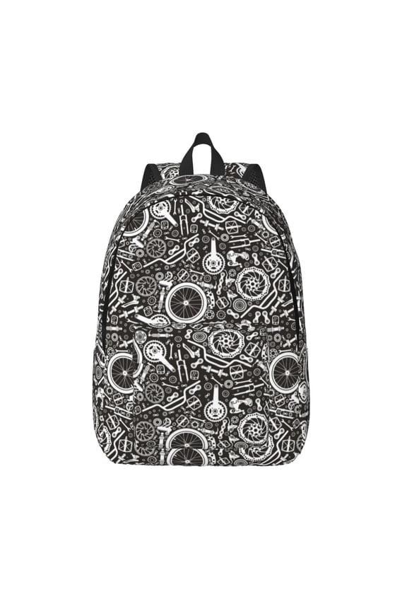 Bicycles Parts Printed Canvas Daypack - Stylish and Durable Vintage Compact Backpack - Class, Work, Travel, or Laptop Bookbag,Organized Compartments-Medium