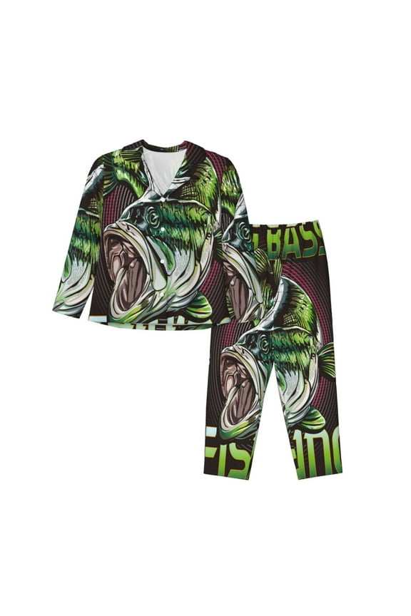 Big Bass Fish Pattern Women’s Long-Sleeve Sleepwear Set - Soft 2-Piece Loungewear with Pockets, Comfy PJs for Relaxing Nights-XX-Large