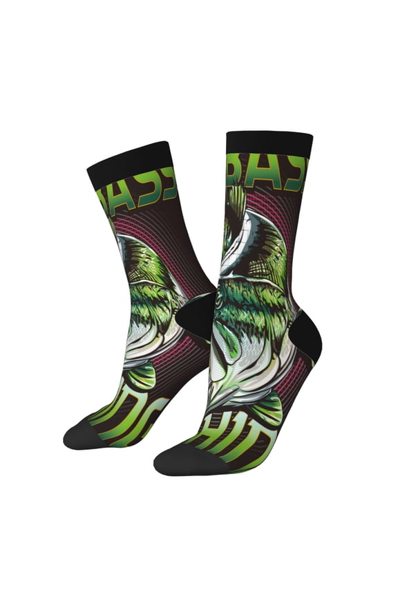 Big Bass Fish Print Athletic Socks for Men & Women – Cushioned Moisture-Wicking Crew Socks for Sports, Running, and Training, Soft & Breathable Size 5-11