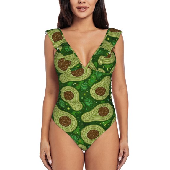 Picia Big Colorful Avocados Blooming Jelly Womens Tummy Control Bathing Suits Slimming Ruffle Swimsuit One Piece Lace Swimwear-