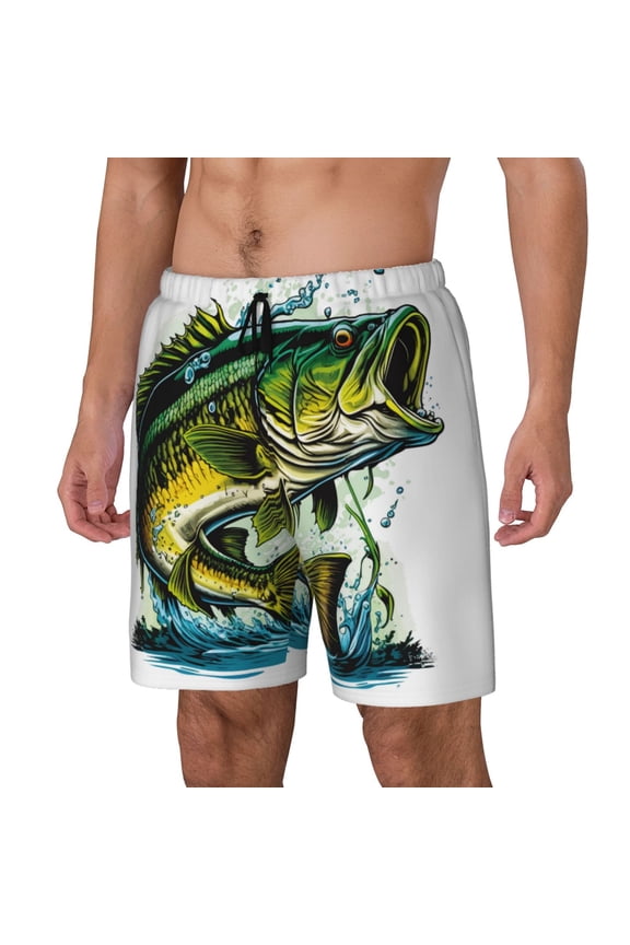 Big bass fish Pattern Mens Swim Trunks with Compression Liner Stretch Beach Shorts Quick Dry with Zipper Pockets No-Chafing Board Shorts-Large