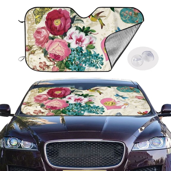Picia Bird Butterfly Rose Curved Windshield Sunshade Accordion Folding Style Auto Shade for Car Truck SUV Van Blocks UV Ray Sun Visor Protector -Small