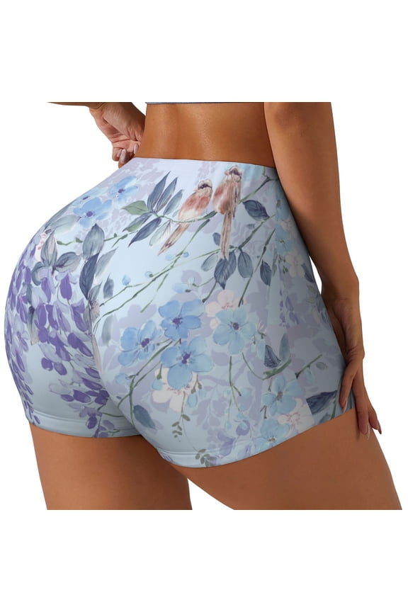 Bird Butterfly Stripe Printed Workout Shorts for Women Seamless Scrunch Butt Lifting High Waisted Yoga Gym Booty Running Moisture-wicking Short Pants-X-Large