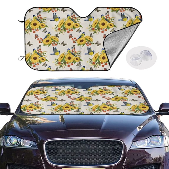 Picia Bird Sunflowers Curved Windshield Sunshade Accordion Folding Style Auto Shade for Car Truck SUV Van Blocks UV Ray Sun Visor Protector -Medium
