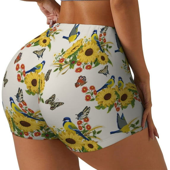 Picia Bird Sunflowers Printed Workout Shorts for Women Seamless Scrunch Butt Lifting High Waisted Yoga Gym Booty Running Moisture-wicking Short Pants-XX-Large