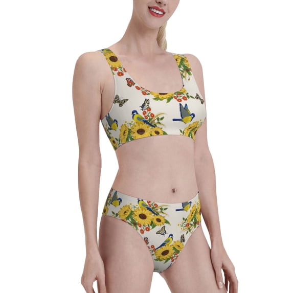 Picia Bird Sunflowers Women's High Waisted Bikini Scoop Neck Swimsuit Two Pieces Bathing Suit-Large
