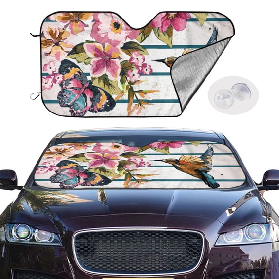 Picia Bird and Floral Curved Windshield Sunshade Accordion Folding Style Auto Shade for Car Truck SUV Van Blocks UV Ray Sun Visor Protector -Medium