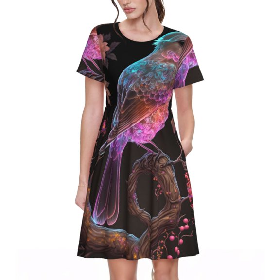 Picia Bird4 Pattern Women's Short Sleeve Summer Dress Pleated Loose Swing Knee Length Short Sleeve Swing Dresses