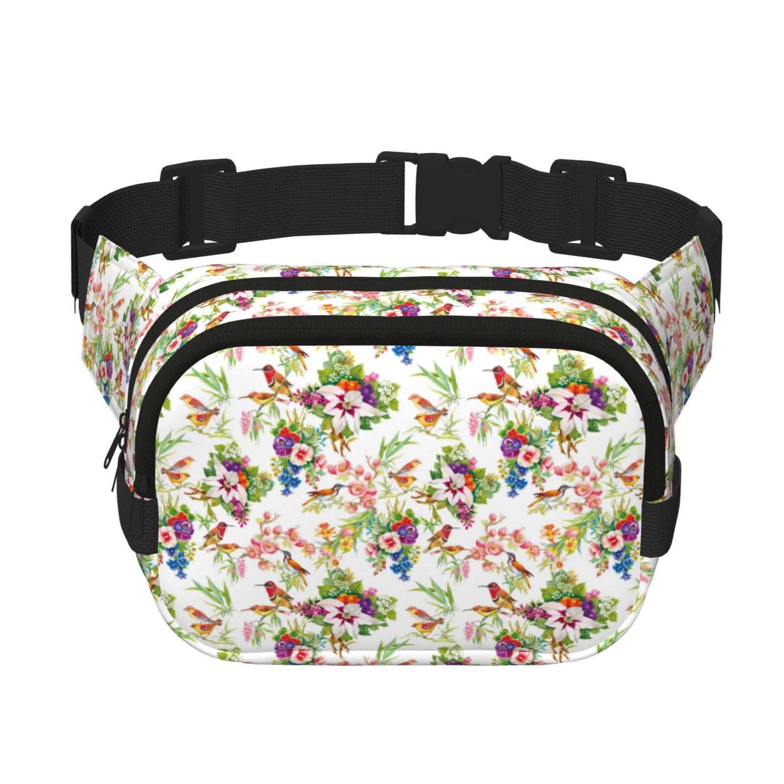 Picia Birds And Flowers Print Square Double-Layer Waist Bag Mini Adjustable Waist Belt Bag Exercise Running Travel Hiking