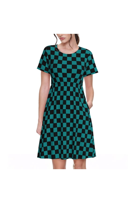 Black And Teal Checkerboard Pattern Women's Short Sleeve Summer Dress Pleated Loose Swing Knee Length Short Sleeve Swing Dresses