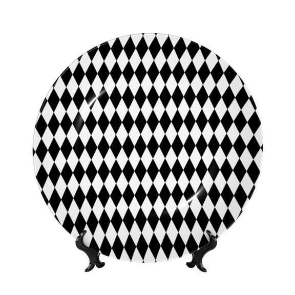Picia Black And White Diamonds Pattern Bone China Decorative Plate – Wall Decor with Stand and Adhesive, Elegant Ornament for Living Room, Office, or Entryway-6in