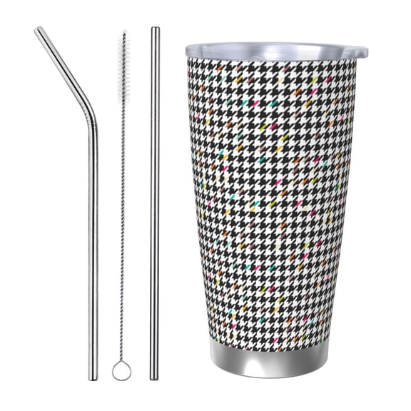 Picia Black And White Houndstooth Pattern 20 oz Tumbler Stainless Steel Vacuum Insulated Coffee Ice Cup Double Wall Travel Flask Dual Lid Water Bottle, Eco-friendly Car Cup-Straw Three-piece Set