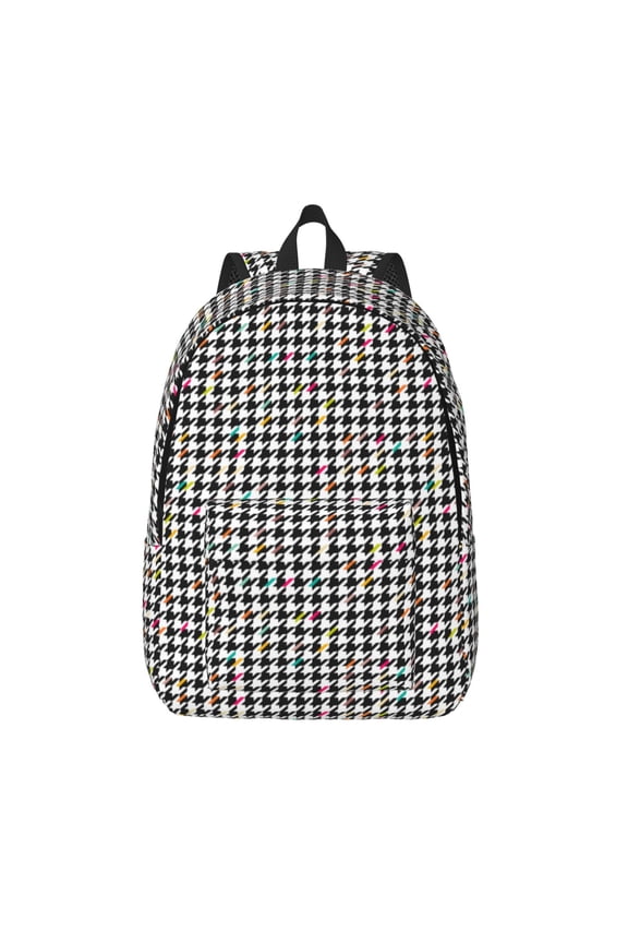 Black And White Houndstooth Printed Canvas Daypack - Stylish and Durable Vintage Compact Backpack - Class, Work, Travel, or Laptop Bookbag,Organized Compartments-Small