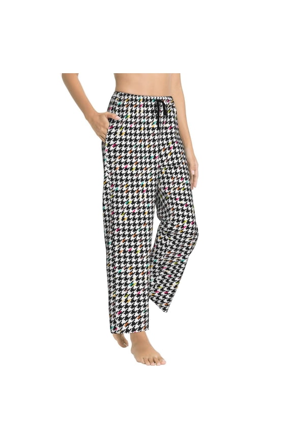 Black And White Houndstooth Womens Soft Woven Cotton Elastic Waistband Sleep Pajama Pant Lounge Sleep Pant With Pockets And Drawstring-Small