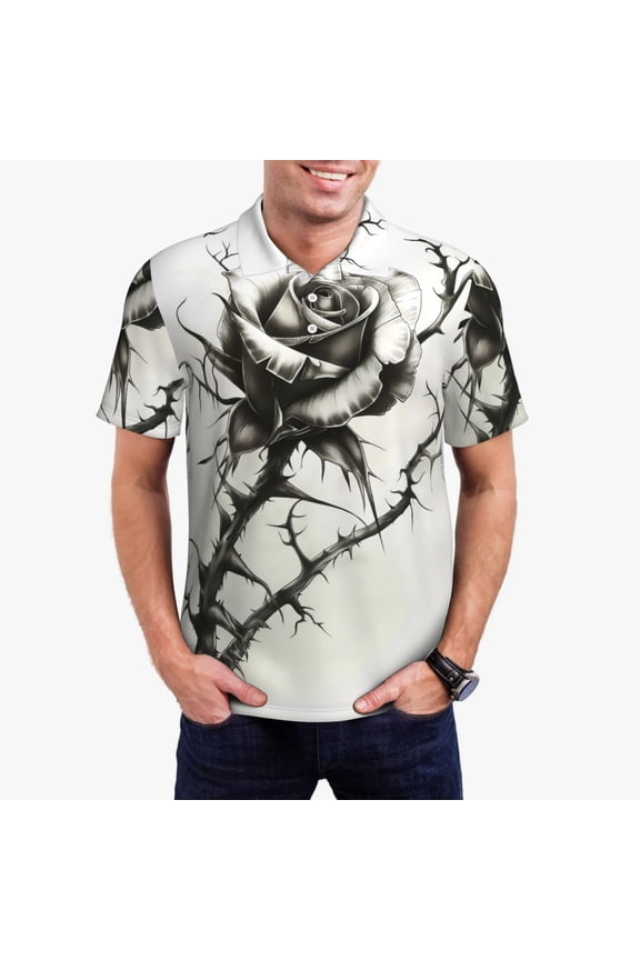 Black And White Rose Print Men's Polo Shirt, Two-Button Closure Pique Polo Shirt, Summer Fashion Golf Shirt-Large