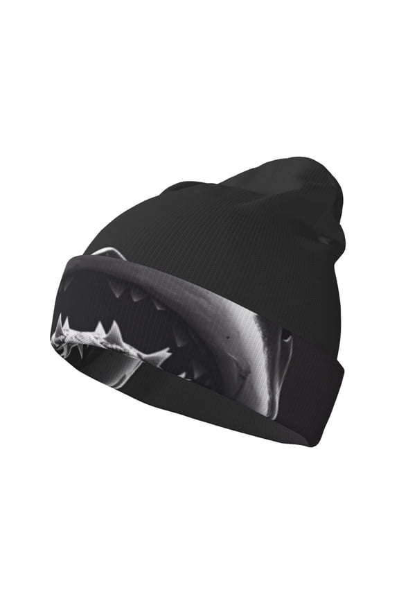 Black And White Shark Pattern Knitted Beanie Hat for Men and Women , Unisex Winter Warm Stretchy Knit Cap Thick Fisherman Beanies Cuffed Plain Skull Caps